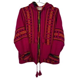 Inka's World Ecuador Wool Zip Up Hooded Jacket Pink Geometric Boho Tassel Medium